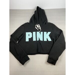 Victoria's Secret PINK Black Hoodie‎ Size Medium Cropped W/ Drawstrings